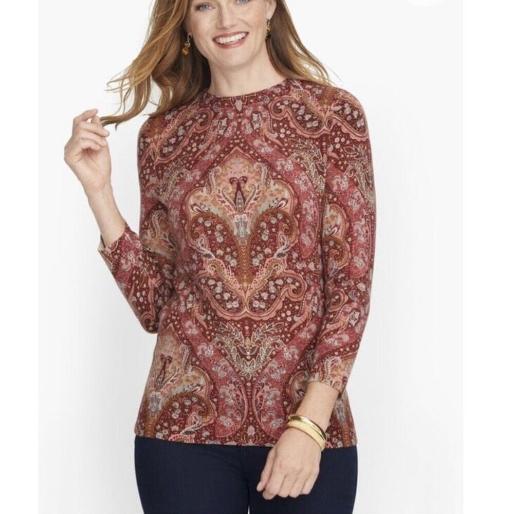 Talbots Audrey 100% Cashmere Sweater Paisley Baroque Print Pink Top Petite Small